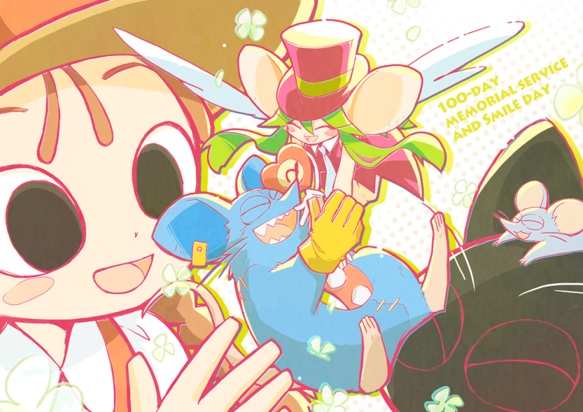 2boys 2girls animal_ears blush_stickers breasts ear_tag green_hair hat heart_(mad_rat_dead) hug leotard mad_rat mad_rat_dead mob_rat_(mad_rat_dead) mouse_ears mouse_tail multiple_boys multiple_girls nippon_ichi mouse_girl rat_god ribs stitches tail the_cat_(mad_rat_dead) the_girl_(mad_rat_dead) top_hat whiskers wings wrist_cuffs