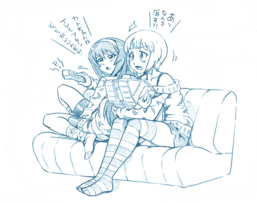 2girls ^^^ bbb_(friskuser) bike_shorts blue_theme blunt_bangs bob_cut bra_strap casual commentary controller couch cutlass_(girls_und_panzer) girls_und_panzer hairband half-closed_eyes holding holding_remote_control holding_stuffed_toy leaning_back leaning_forward leaning_on_person long_hair long_sleeves mark_iv_tank military military_vehicle monochrome motion_lines motor_vehicle multiple_girls no_headwear off-shoulder_shirt off_shoulder on_couch open_mouth reizei_mako remote_control shirt short_hair short_shorts shorts sitting socks striped_clothes striped_legwear striped_thighhighs stuffed_toy tank thighhighs translated