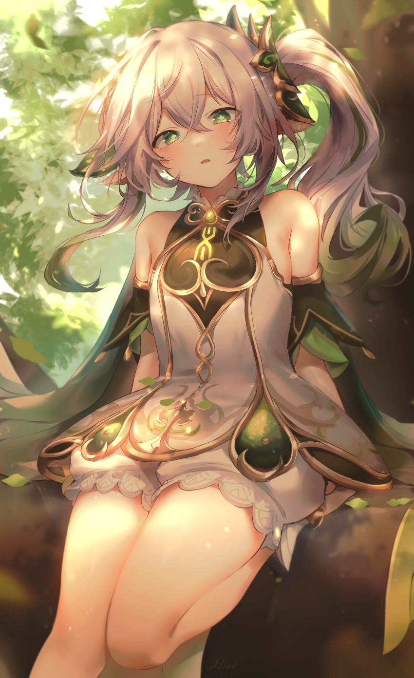 1girl absurdres aged_up allze bare_shoulders blush cross-shaped_pupils detached_sleeves dress genshin_impact gradient_hair green_eyes green_hair hair_between_eyes hair_ornament highres jewelry long_hair looking_at_viewer multicolored_hair nahida_(genshin_impact) pointy_ears side_ponytail sitting sleeveless sleeveless_dress solo symbol-shaped_pupils white_dress white_hair