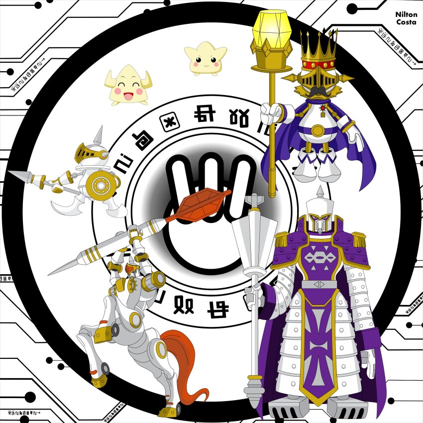 armor bishopchessmon_(white) blush cape centaur chibickmon digimon highres kingchessmon knightchessmon_(white) looking_at_viewer pawnchessmon_(white) pickmon pickmon_(normal) rookchessmon_(white) smile staff taur