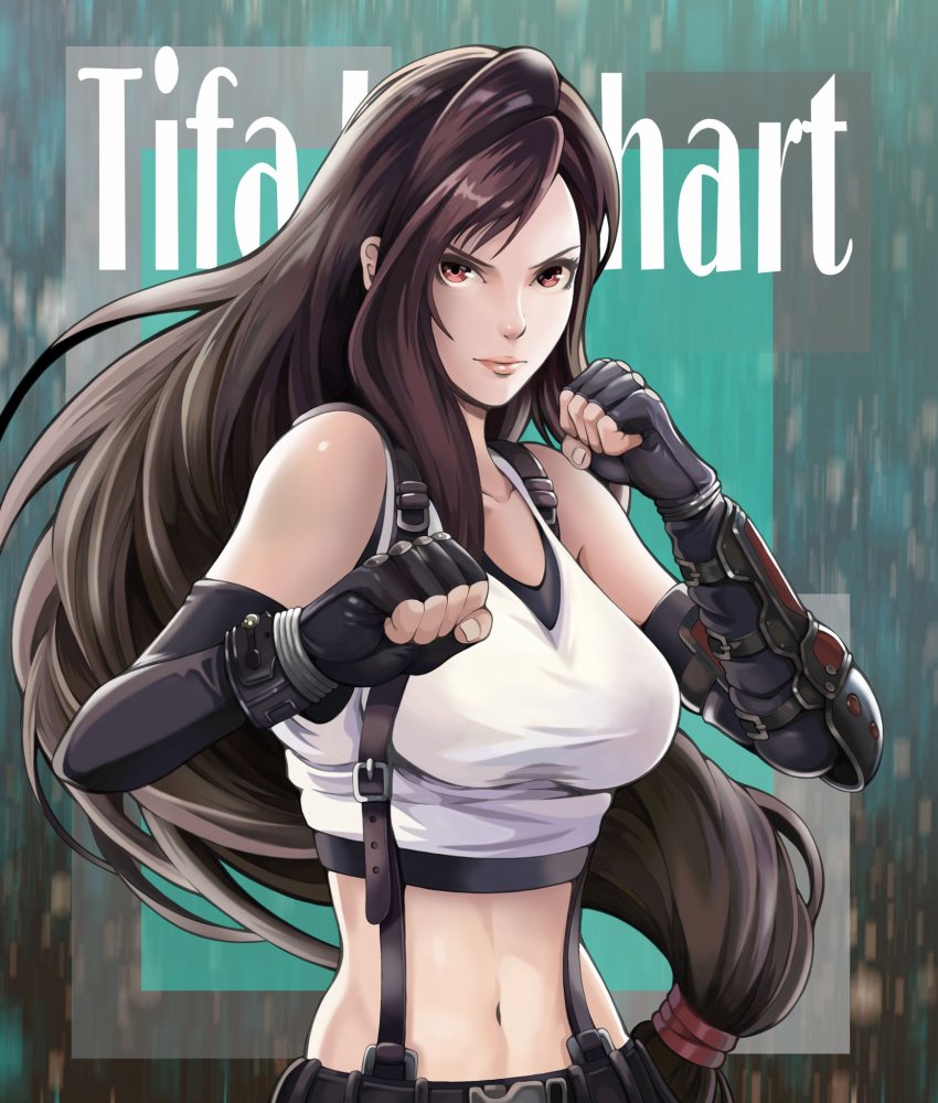 1girl belt belt_buckle black_gloves breasts buckle character_name clenched_hands collarbone commentary_request crop_top elbow_gloves elbow_pads english_text fighting_stance final_fantasy final_fantasy_vii fingerless_gloves fingernails gloves highres large_breasts long_hair low-tied_long_hair materia midriff navel red_eyes serious solo suspenders swept_bangs tank_top tifa_lockhart to-ru upper_body white_tank_top