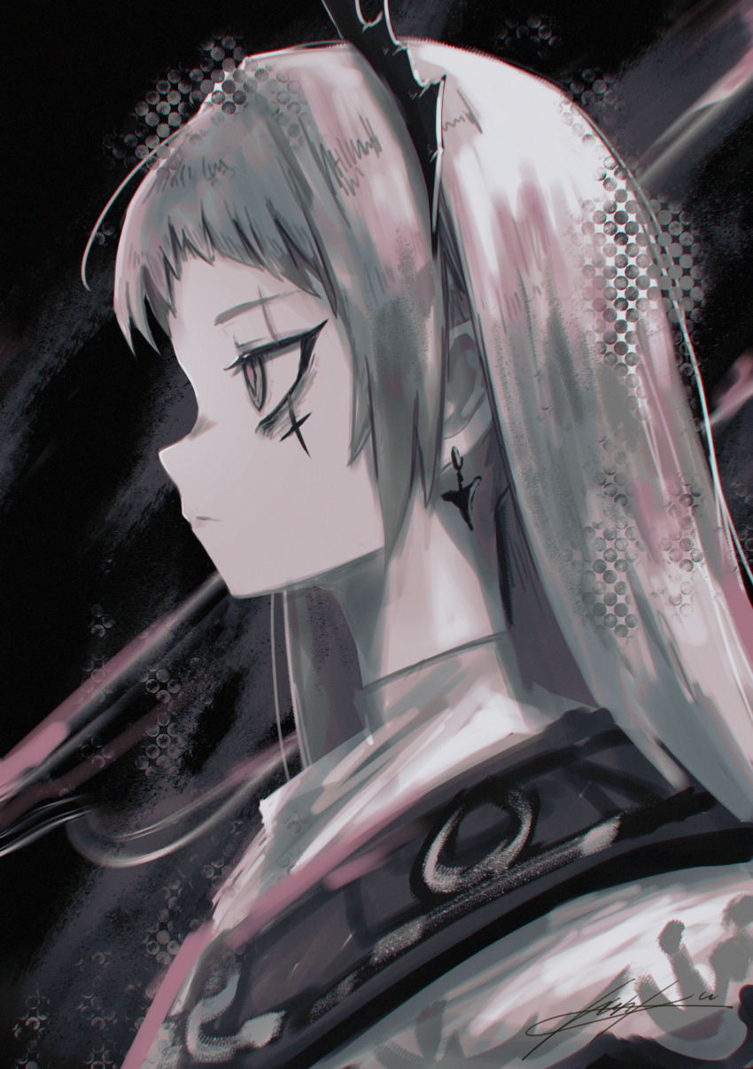 1girl absurdres arched_bangs arknights earrings grey_eyes grey_hair highres irene_(arknights) jewelry looking_to_the_side scar scar_on_face signature sutorobo72