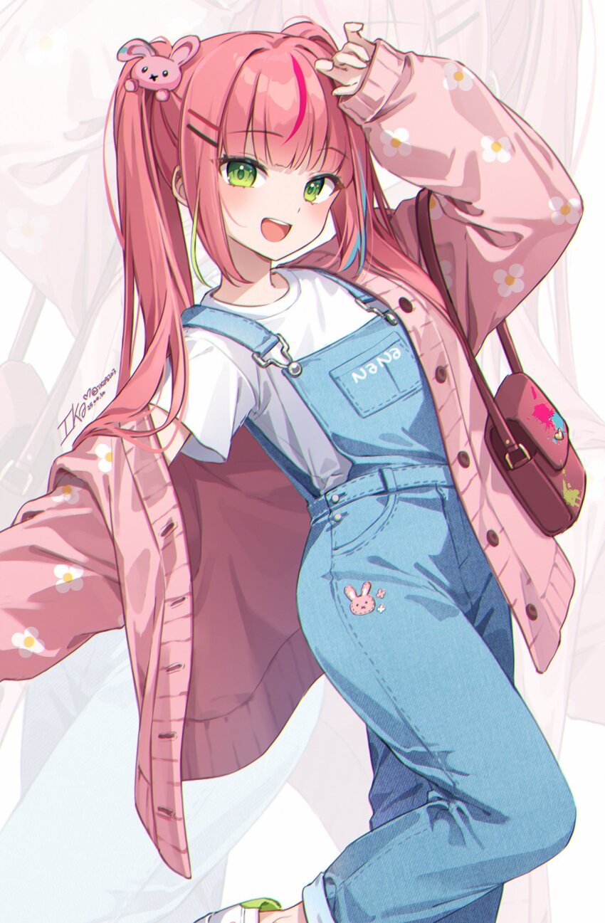 1girl animal_print bag blue_hair blue_overalls blunt_bangs brown_bag buckle buttons commentary dot_nose eyelashes feet_out_of_frame floral_print green_eyes green_hair hair_intakes hair_ornament hairclip hanako_nana hand_on_own_head happy highres ika_(4801055) jacket leg_up light_blush long_hair long_sleeves looking_at_viewer loose_hair_strand multicolored_hair open_clothes open_jacket open_mouth outstretched_arm overalls paint_splatter pink_hair pink_jacket pocket puffy_long_sleeves puffy_sleeves rabbit_hair_ornament rabbit_print shirt shoes short_sleeves shoulder_bag signature sleeves_past_wrists smile sneakers solo stellive streaked_hair sweater_vest symbol-only_commentary t-shirt teeth twintails upper_teeth_only very_long_hair virtual_youtuber white_background white_shirt white_shoes zoom_layer