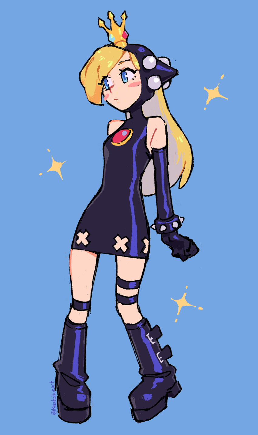 1girl :/ absurdres black_boots black_dress black_gloves blonde_hair blue_eyes blush_stickers boots bracelet commentary crown dress elbow_gloves full_body gloves highres jewelry kaatokun long_hair mario_(series) nintendo short_dress solo sparkle spiked_bracelet spikes thigh_strap turtleneck turtleneck_dress twitter_username warupeach