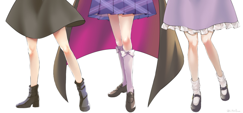3girls black_shoes black_skirt boots brown_shoes commentary_request dress high_heel_boots high_heels highres kinese_(katasutorohu) kneehighs loafers lower_body maribel_hearn mary_janes multiple_girls pleated_skirt purple_dress purple_skirt shoes simple_background skirt socks touhou twitter_username usami_renko usami_sumireko white_background white_socks