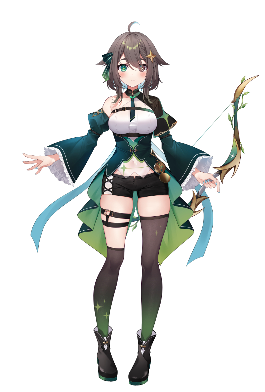 1girl absurdres ahoge arm_belt asymmetrical_legwear belt black_choker black_footwear black_shorts black_socks black_thighhighs blue_hair blue_nails blue_ribbon blush boots bow bow_(weapon) braid breasts brown_eyes brown_hair chest_belt choker colored_inner_hair commentary compass covered_navel cross-laced_clothes cross-laced_shorts cross-shaped_pupils detached_sleeves dress eyes_visible_through_hair facing_viewer frilled_sleeves frills front_slit full_body gradient_legwear green_bow green_dress green_eyes green_necktie green_ribbon green_sleeves green_socks green_thighhighs hair_bow hair_flaps hair_ornament hair_ribbon heterochromia high_heel_boots high_heels highres holding holding_bow_(weapon) holding_weapon indie_virtual_youtuber jewelry juliet_sleeves kisaragi_yuri kneehighs long_sleeves medium_breasts medium_hair meica_(vtuber) meica_(vtuber)_(1st_costume) mismatched_pupils multicolored_hair multiple_views necktie o-ring o-ring_belt pendant_choker plant puffy_sleeves ribbon see-through_clothes see-through_shirt shirt short_shorts shorts shrug_(clothing) simple_background single-shoulder_shirt single_braid single_kneehigh single_sock single_thighhigh skindentation sleeveless sleeveless_dress sleeveless_shirt smile socks spanish_commentary sparkle_print sprout sprout-shaped_pupils sprout_pendant star_(symbol) star_hair_ornament swept_bangs symbol-shaped_pupils tachi-e thigh_belt thigh_strap thighhighs underbust uneven_legwear vines virtual_youtuber weapon white_shirt