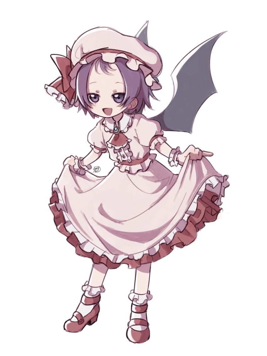 1girl aolyxe ascot bat_wings brooch curtsey dress frilled_shirt_collar frills full_body hat hat_ribbon highres jewelry mob_cap ojamajo_doremi open_mouth pink_ascot pink_dress puffy_short_sleeves puffy_sleeves purple_eyes purple_hair red_shoes remilia_scarlet ribbon shoes short_hair short_sleeves skirt_hold smile socks touhou white_background white_socks wings wrist_cuffs