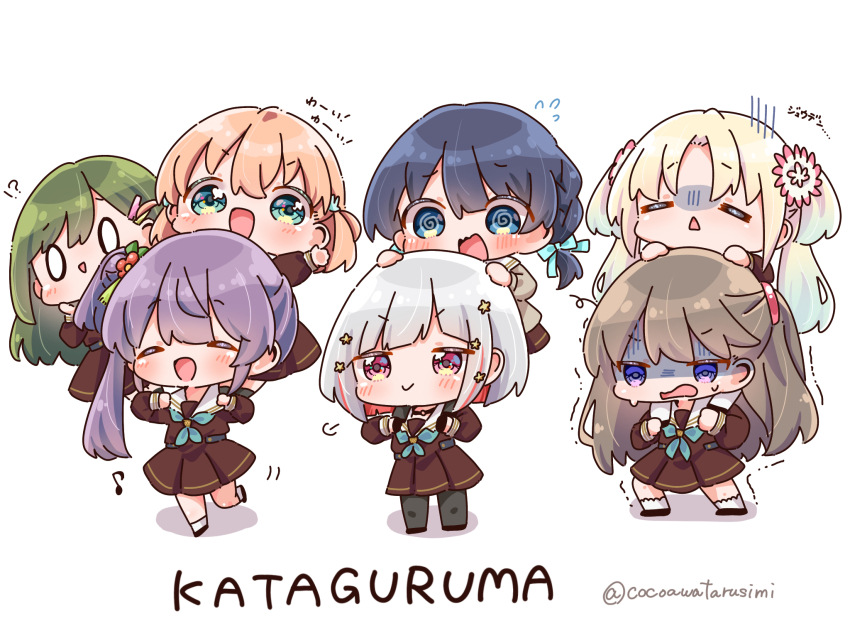 !? 0_0 6+girls :&gt; =_= @_@ aqua_eyes aqua_neckerchief black_choker black_gloves black_pantyhose blonde_hair blue_eyes blue_hair blue_ribbon blush bob_cut brown_cardigan brown_dress brown_hair cardigan carrying carrying_multiple_people carrying_person chibi chibi_only choker closed_eyes colored_inner_hair commentary_request crossed_bangs dark_blue_hair dress eighth_note flower flying_sweatdrops fujishima_megumi fukune_koko gloves gradient_hair green_hair grey_hair hair_bun hair_flower hair_ornament hair_ribbon hairclip hasu_no_sora_school_uniform highres hinoshita_kaho inverted_bob light_blue_hair link!_like!_love_live! long_hair long_sleeves loose_hair_strand love_live! low_twintails medium_dress medium_hair motion_lines multicolored_hair multiple_girls murano_sayaka musical_note neckerchief o-ring o-ring_choker oogami_sachi orange_hair osawa_rurino otomune_kozue pantyhose parted_bangs pink_eyes pink_flower pleated_dress puff_of_air purple_eyes purple_hair rabbit_hair_ornament red_flower red_hair ribbon romaji_text sailor_collar sailor_dress school_uniform short_hair shoulder_carry side_ponytail sidelocks simple_background single_side_bun smile socks standing standing_on_shoulder star_(symbol) star_hair_ornament streaked_hair sweat swept_bangs translation_request triangle_mouth turn_pale twintails twitter_username two_side_up v-shaped_eyebrows virtual_youtuber white_background white_flower white_sailor_collar white_socks winter_uniform yugiri_tsuzuri