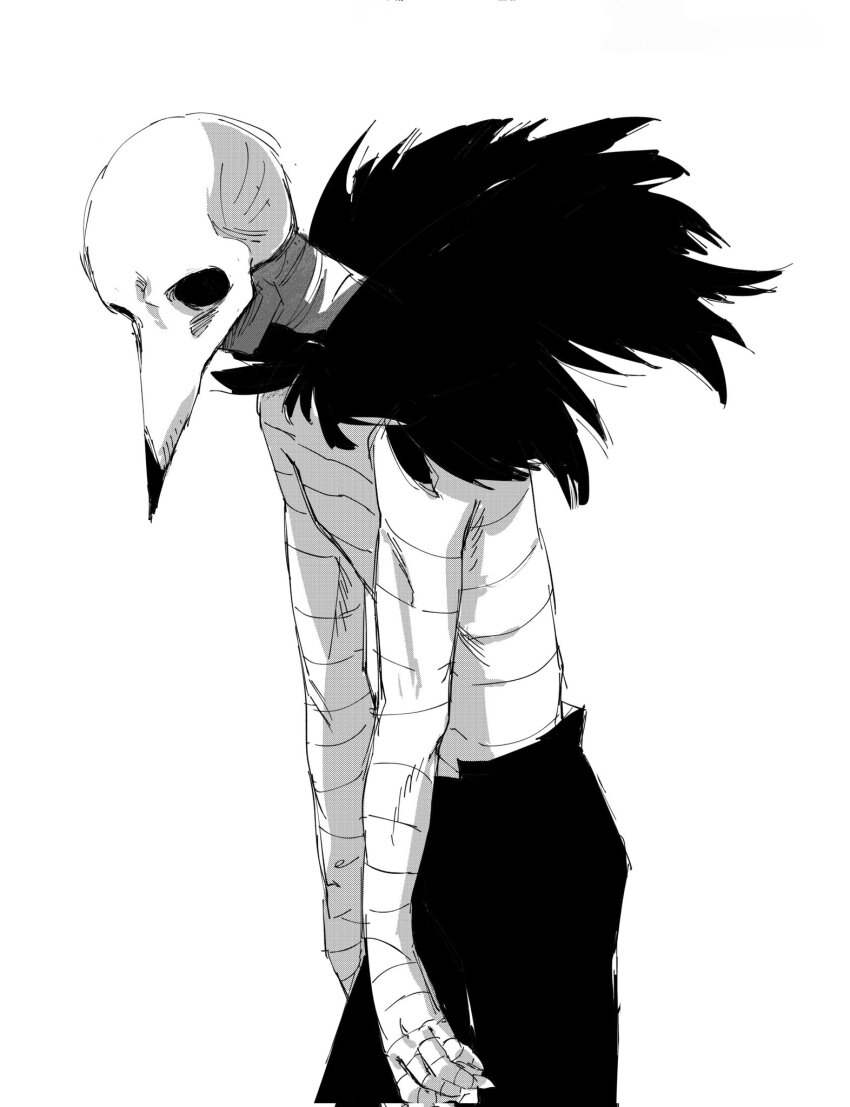1boy arms_at_sides bird bird_boy black_pants choujin_x corrupted_twitter_file facing_to_the_side highres kurohara_tokio_(choujin_x) looking_at_viewer male_focus monochrome oa_lien pants skull_on_head slouching solo solo_focus topless_male vulture white_background wrapped