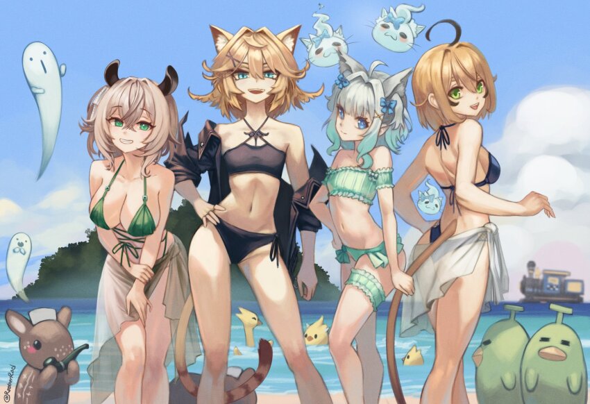 4girls ahoge alternate_costume animal_ear_fluff animal_ears aqua_eyes bare_shoulders beach bikini black_bikini blonde_hair blunt_bangs bow breasts brown_hair cat_ears cat_girl cat_tail cleavage commentary contrapposto cowboy_shot criss-cross_straps crossed_bangs dokibird_(vtuber) dooby_(vtuber) double-parted_bangs dragoon_(dokibird) flat_chest frilled_arm_strap frilled_bikini frilled_thigh_strap frills from_behind gradient_hair green_bikini green_eyes green_hair grey_hair grin hair_bow hair_flaps hair_intakes hand_on_own_arm hand_on_own_hip highres indie_virtual_youtuber jacket jacket_partially_removed kemonomimi_mode kippu_(dooby) large_breasts leaning_forward leather leather_jacket looking_at_viewer medium_breasts medium_hair mint_fantome mint_fantome_(minto_2.0) mouse_girl mouse_tail multicolored_hair multiple_girls naplings_(nimi_nightmare) navel nimi_nightmare nimi_nightmare_(tapir) one_side_up open_clothes open_jacket outdoors roober sarong see-through_clothes see-through_sarong side-tie_bikini_bottom sidelocks smile smoking_pipe standing stomach strapless strapless_bikini swimsuit tail tapir_ears tapir_girl teeth thigh_strap train turning_head twitter_username two_side_up virtual_youtuber white_sarong wisps_(mint_fantome)