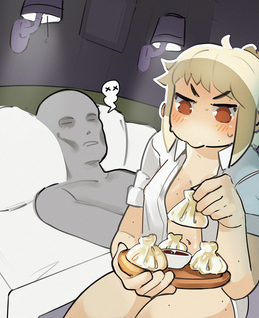 1girl absurdres bad_link bed bed_sheet blonde_hair blush bottomless breasts chibi cleavage collared_shirt colored_skin convenient_censoring eating embarrassed funkiflame grey_skin guy_tired_after_sex_(meme) high_ponytail highres lamp medium_breasts meme midriff naked_shirt navel nika_(usergore) no_bra no_panties no_pupils on_bed open_clothes open_shirt orange_eyes original pierogi pillow ponytail shirt sidelocks sitting solid_eyes soy_sauce sweat sweatdrop thick_thighs thighs unbuttoned unbuttoned_shirt white_shirt white_skin
