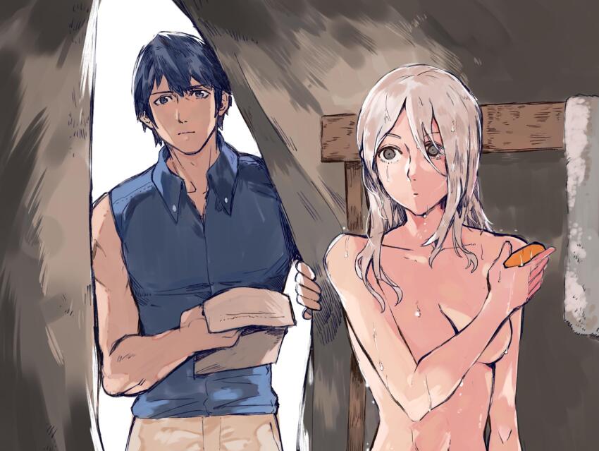 1boy 1girl accidental_pervert bathing blue_eyes blue_hair blue_shirt breasts brown_eyes chrom_(fire_emblem) cleavage closed_mouth clothed_male_nude_female collarbone collared_shirt commentary completely_nude english_commentary female_robin_(fire_emblem) fire_emblem fire_emblem_awakening from_inside hair_down highres holding holding_paper long_hair medium_breasts nintendo nude paper shirt sleeveless sleeveless_shirt standing surprised tent_interior walk-in wet white_hair yourfreakyneighbourh