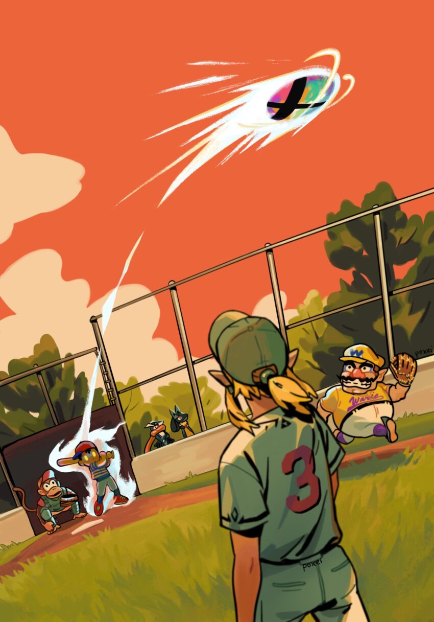4boys arm_up artist_name baseball baseball_bat baseball_cap baseball_glove belt blonde_hair blue_hat catcher_(baseball) cloud commentary diddy_kong donkey_kong_(series) english_commentary facial_hair fence gen_4_pokemon gen_6_pokemon glowing glowing_eyes greninja hat highres kneeling link long_tongue lucario mario_(series) mother_(series) mother_2 multiple_boys mustache ness_(mother_2) nintendo open_mouth orange_sky outdoors pants playing_sports pointy_ears pokemon pokemon_(creature) pokemon_dppt pokemon_xy ponytail poxeii purple_socks red_footwear red_hat running shirt short_sleeves sky smash_ball socks super_smash_bros. tail teeth the_legend_of_zelda tongue tree wario white_pants yellow_eyes yellow_hat