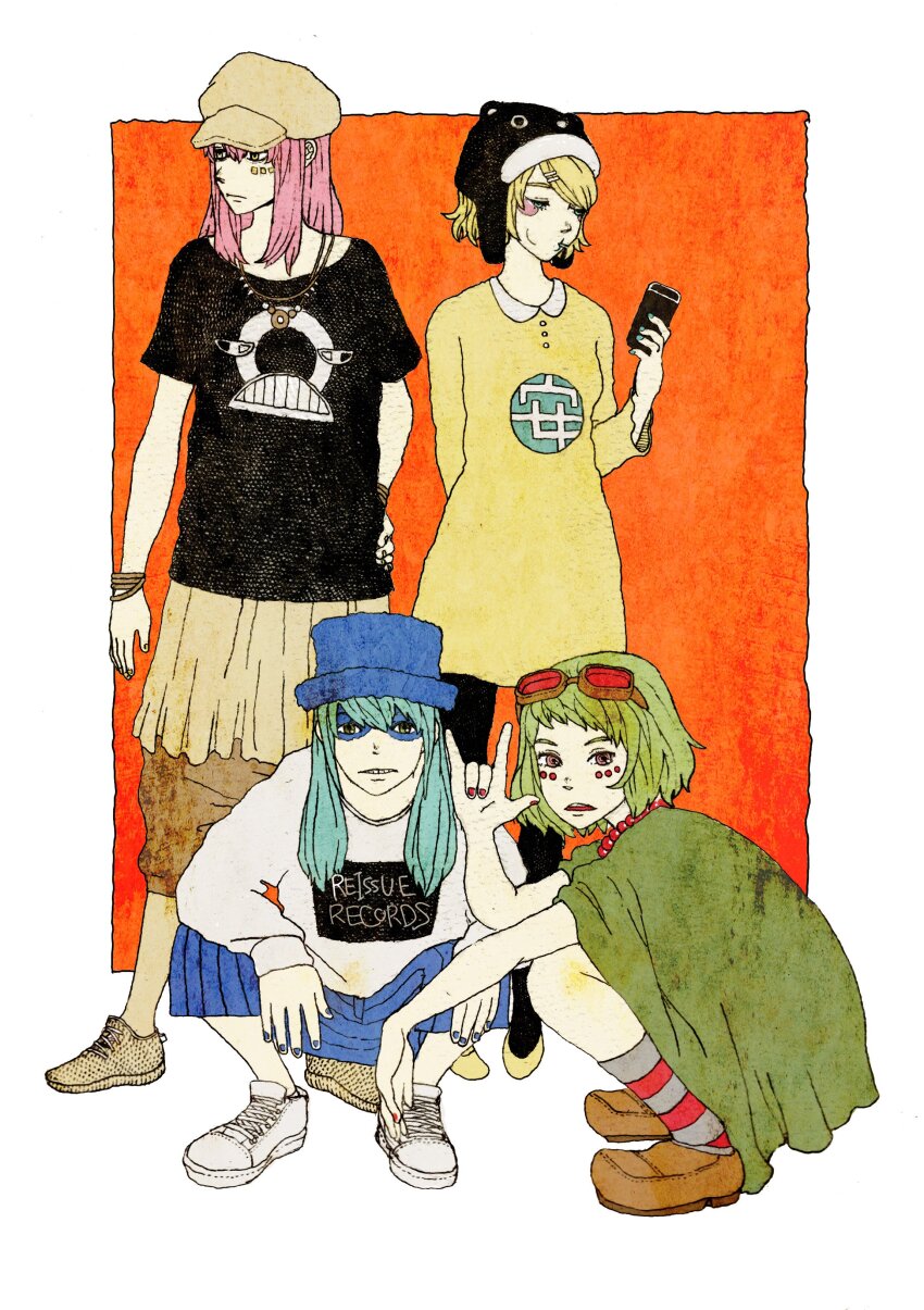 4girls \n/ absurdres bead_necklace beads black_hat black_shirt blonde_hair blue_hair blue_hat bracelet brown_footwear brown_hat candy commentary donut_hole_(vocaloid) dress food food_in_mouth goggles goggles_on_head green_hair gumi hat hatsune_miku highres jewelry kagamine_rin lollipop megurine_luka multiple_girls nail_polish necklace open_mouth phone pink_hair shirt shoes skirt squatting teeth vocaloid white_footwear white_shirt yellow_dress yellow_shoes yonezu_kenshi