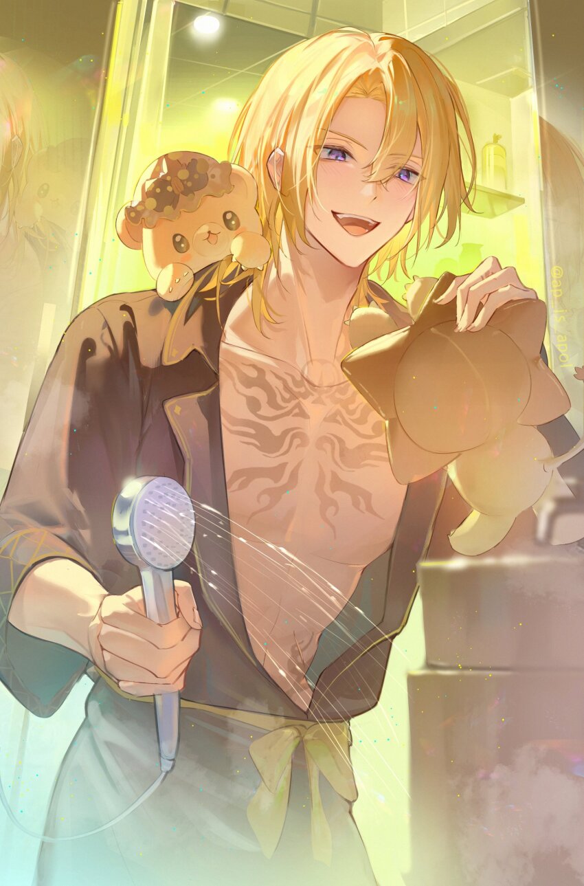 1boy :d absurdres apol_(ap_is_apol) augustus_(luca_kaneshiro) bathrobe bathroom black_robe blonde_hair blush chest_tattoo collarbone commentary cowboy_shot highres holding holding_shower_head holding_stuffed_toy luca_kaneshiro lucub_(luca_kaneshiro) male_focus medium_hair mirror nijisanji nijisanji_en open_clothes open_mouth open_robe pectoral_cleavage pectorals purple_eyes reflection robe shower_(place) shower_head smile solo steam stuffed_animal stuffed_lion stuffed_toy tattoo toned toned_male virtual_youtuber water