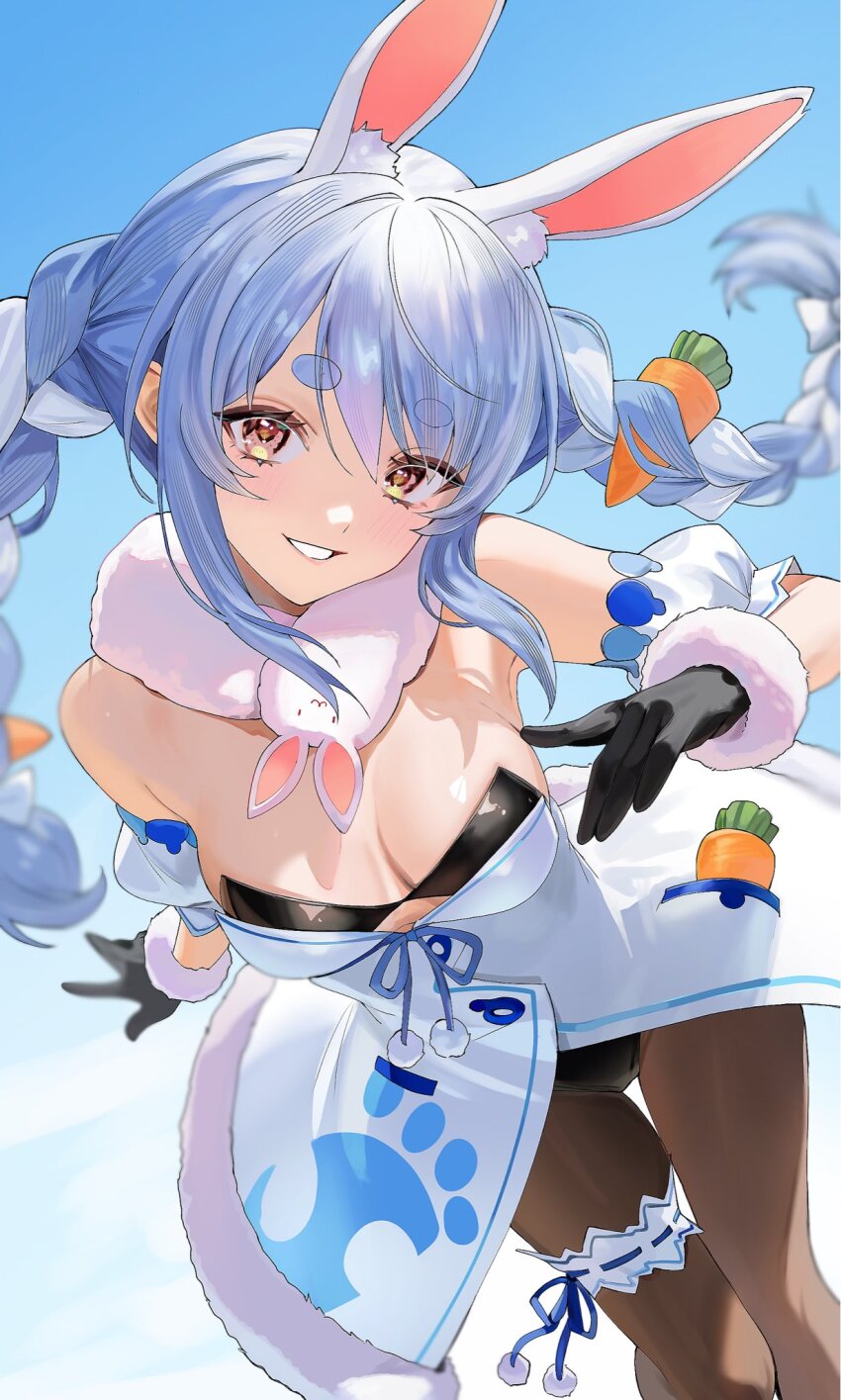 1girl animal_ears black_gloves blue_hair blue_sky braid breasts brown_pantyhose carrot carrot_hair_ornament carrot_in_pocket day dress food-themed_hair_ornament fur_scarf gloves hair_ornament highres hololive iood leotard leotard_under_clothes multicolored_hair pantyhose rabbit_ears rabbit_girl short_eyebrows sky small_breasts solo thick_eyebrows twin_braids two-tone_hair usada_pekora usada_pekora_(1st_costume) virtual_youtuber white_dress white_hair yellow_eyes