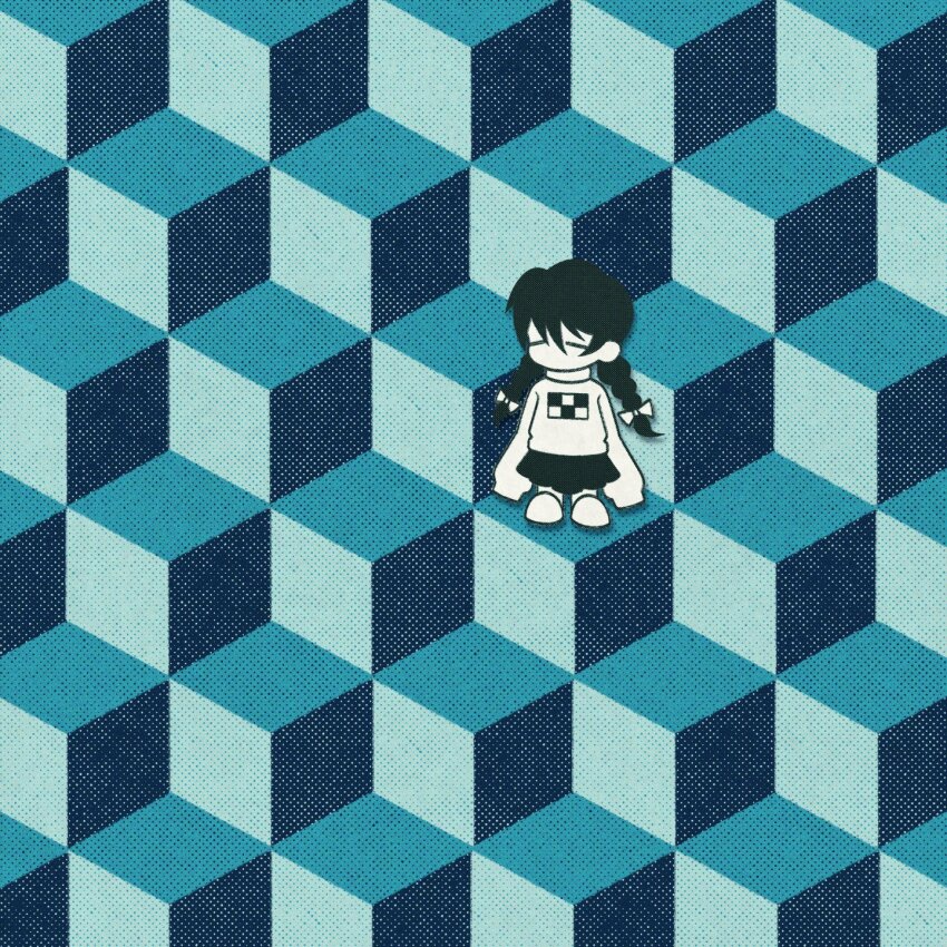 1girl blue_theme bow braid closed_mouth commentary cryptidhermit english_commentary full_body hair_between_eyes hair_bow highres long_hair low_twin_braids madotsuki monochrome no_mouth no_nose pleated_skirt rhombille_tiling skirt sleeves_past_fingers sleeves_past_wrists slippers solo sweater twin_braids yume_nikki