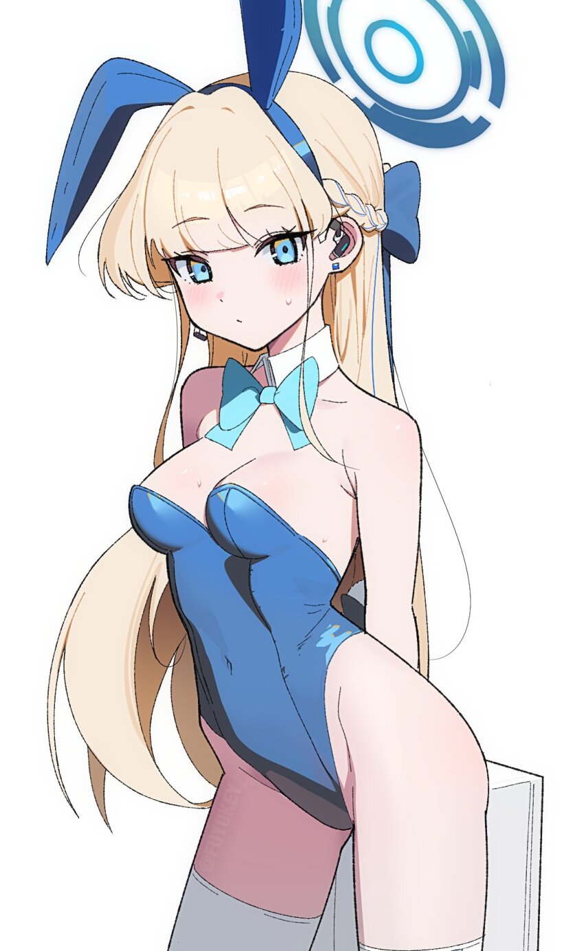 1girl animal_ears aqua_bow aqua_bowtie blonde_hair blue_archive blue_eyes blue_hairband blue_halo blue_leotard blush bow bowtie breasts briefcase closed_mouth detached_collar earpiece fake_animal_ears fuyukey hairband halo highleg highleg_leotard highres holding holding_briefcase leotard long_hair looking_at_viewer official_alternate_costume playboy_bunny rabbit_ears solo strapless strapless_leotard thighhighs toki_(blue_archive) toki_(bunny)_(blue_archive) white_thighhighs
