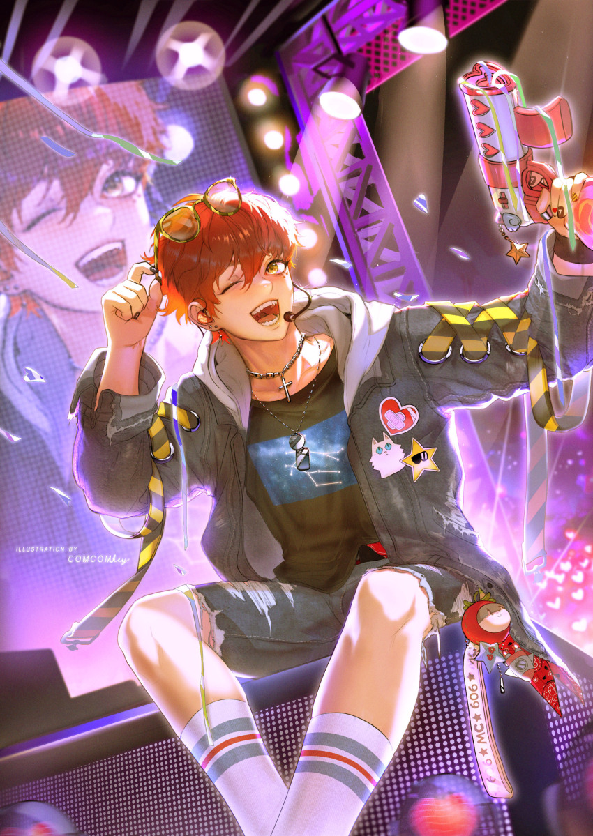 1boy 707_(susanghan_messenger) absurdres bandana black_hoodie charm_(object) comcom_(comcomhey) commentary concert cross cross_necklace denim denim_shorts earrings english_commentary eyewear_on_head feet_out_of_frame glasses headset heart highres holding holding_toy_gun hood hoodie jewelry kneehighs male_focus microphone nail_polish necklace one_eye_closed open_clothes open_hoodie open_mouth patch print_bandana print_shirt red_bandana red_hair screen screen_zoom shirt shorts sitting sleeve_cuffs smile socks solo stage stage_lights streamers susanghan_messenger torn_clothes torn_shorts toy_gun twitter_username white_hood yellow_eyes
