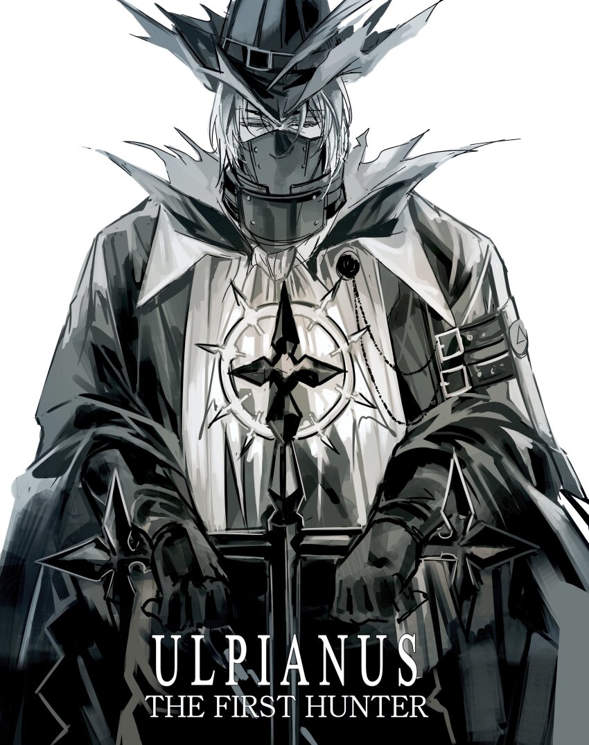 1boy absurdres anchor arknights black_gloves black_hat black_jacket closed_eyes collared_jacket english_text facing_viewer gloves hat highres jacket long_sleeves mahimeko male_focus mask mouth_mask muted_color open_clothes open_jacket shirt short_hair sidelocks simple_background solo straight-on tricorne ulpianus_(arknights) white_background white_hair white_shirt