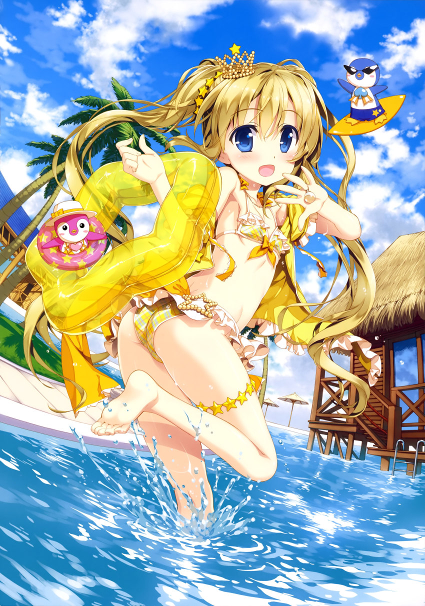 10s 1girl absurdres ass barefoot bikini bikini_skirt bird blonde_hair blue_eyes cardfight!!_vanguard day feet female_focus fujima_takuya highres holding holding_swim_ring hut innertube jewelry looking_at_viewer outdoors pacifica_(cardfight!!_vanguard) palm_tree penguin plaid_bikini plaid_clothes scan soles solo splashing swim_ring swimsuit thighlet toes tree twintails wading water yellow_bikini