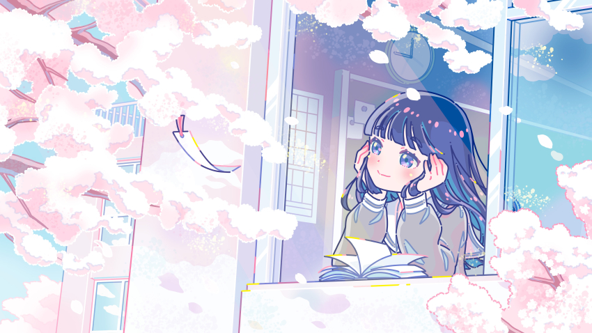 1girl absurdres balcony blush book branch chalkboard cherry_blossoms clock closed_mouth day eyelashes falling_petals flower grey_shirt happy head_rest highres hiro046k long_hair long_sleeves looking_at_object open_book original petals pink_petals purple_eyes purple_hair sailor_collar school shirt smile solo sunlight wall_clock window wispy_bangs