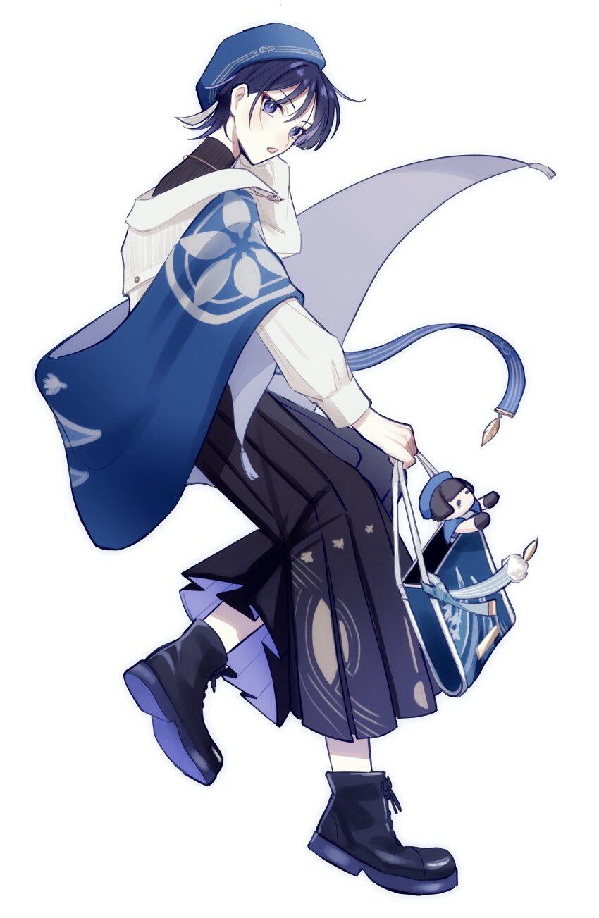 1boy absurdres alternate_costume arm_at_side bag beret black_hair black_pants black_shirt black_shoes black_undershirt blue_hat blue_shawl blunt_ends bright_pupils casual collared_shirt contemporary doll eyeliner eyeshadow feathers fringe_trim from_side genshin_impact hakama hakama_pants hand_up handbag hat highres holding holding_bag japanese_clothes long_sleeves makeup male_focus nararan_116 official_alternate_costume open_mouth pants pleated_pants pom_pom_(clothes) purple_pants red_eyeliner red_eyeshadow ribbed_shirt scaramouche_(genshin_impact) shawl shirt shoes solo tsurime turtleneck turtleneck_shirt two-sided_pants wanderer_(genshin_impact) wanderer_(wanderer_impression)_(genshin_impact) white_background white_pupils white_shirt white_sleeves white_trim yellow_feathers