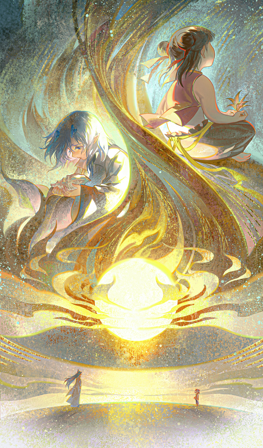 2boys aged_down ao_bing_(nezha_zhi_motong_jiangshi) bare_shoulders black_hair black_pants blue_hair brown_hair child chinese_clothes closed_eyes double_bun facing_away floating_hair flower hair_bun hair_ribbon highres holding light_particles long_hair long_sleeves looking_down male_focus multiple_boys nezha_(nezha_zhi_motong_jiangshi) nezha_zhi_motong_jiangshi pants profile red_ribbon ribbon robe short_hair single_hair_bun sitting sleeveless standing wide_sleeves wind yaoi yinzinmiemie