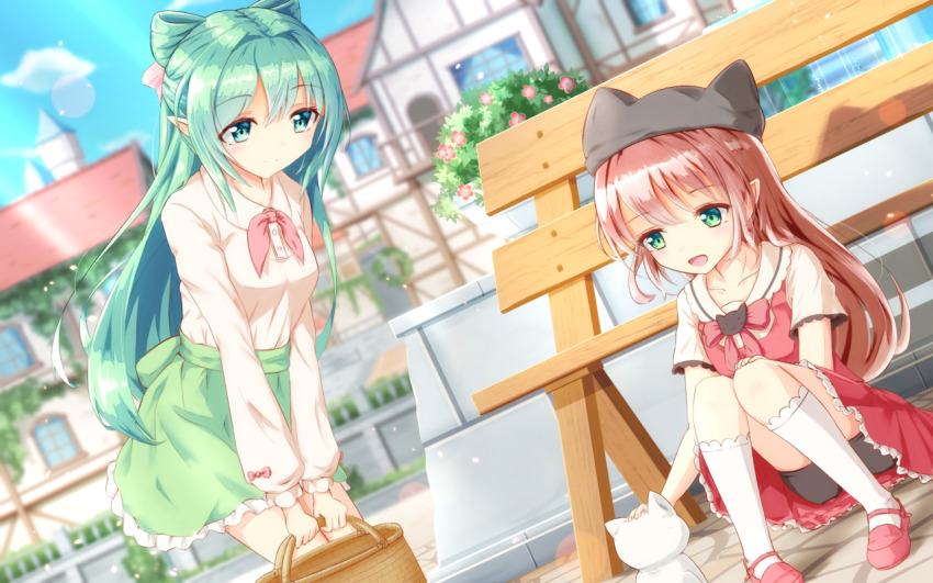 2girls animal_ear_headwear bag bike_shorts breasts brown_hair cat cecile_leica_engel_berglund convenient_leg elf fake_animal_ears flower fountain frilled_skirt frills green_eyes green_hair green_skirt harutsuge_yumemi irina_bondarchuk iris_mysteria! multiple_girls pointy_ears red_ribbon red_skirt ribbon skirt small_breasts socks town