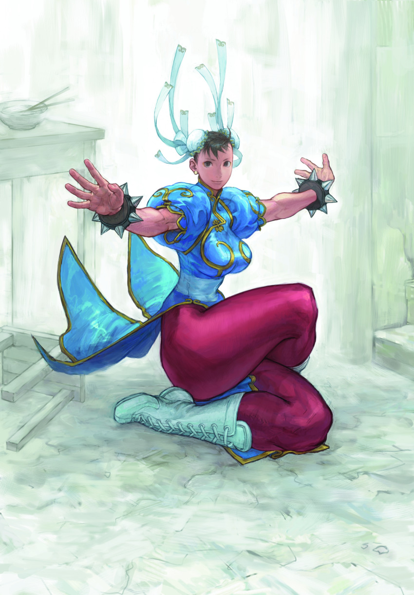 1girl boots bracelet breasts brown_eyes brown_hair bun_cover capcom china_dress chinese_clothes chun-li double_bun dress earrings fighting_stance game_cg hair_bun highres jewelry large_breasts looking_at_viewer nishimura_kinu non-web_source official_art outstretched_arms pantyhose pelvic_curtain sash short_hair sitting solo solo_focus spiked_bracelet spikes street_fighter street_fighter_iii_(series) studded_bracelet thick_thighs thighs unitard white_boots