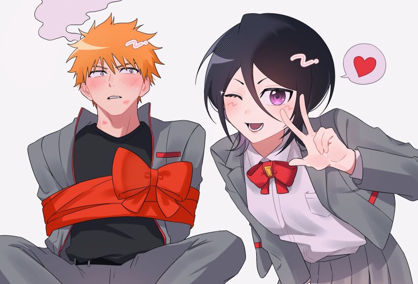 1boy 1girl ;d @_@ after_kiss assertive_female black_hair bleach blush bow bowtie collared_shirt commentary_request couple cowboy_shot double-parted_bangs embarrassed eyebrows_hidden_by_hair green_pants grey_jacket grey_skirt gwao_(_ul_13) hair_between_eyes hand_up heart hetero highres jacket karakura_high_school_uniform korean_commentary kuchiki_rukia kurosaki_ichigo leaning_forward lipstick_mark long_sleeves looking_at_viewer lower_teeth_only medium_hair one_eye_closed open_clothes open_jacket open_mouth orange_hair pants parted_lips purple_eyes red_bow red_bowtie school_uniform shirt short_hair simple_background sitting skirt smile sparkle speech_bubble spiked_hair spoken_heart steaming_body sweatdrop teeth v-shaped_eyebrows w white_background white_shirt