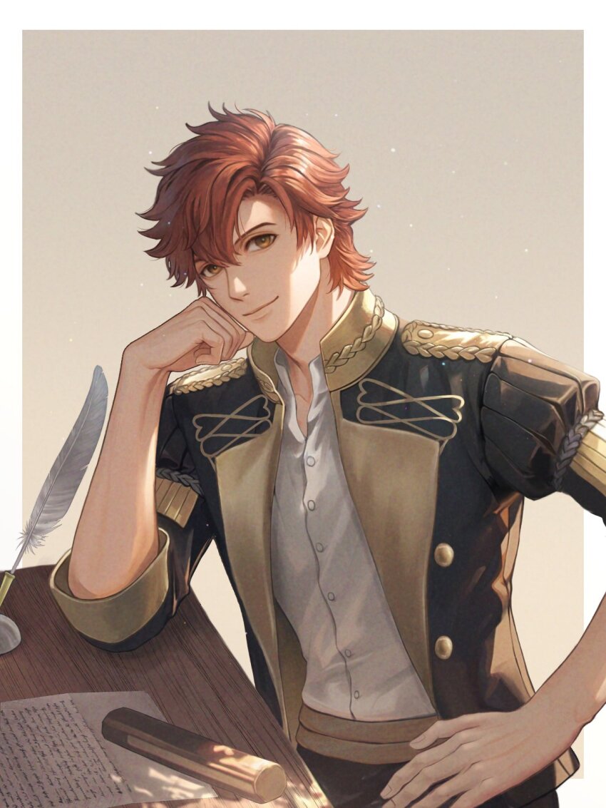 1boy black_pants border brown_eyes closed_mouth collared_shirt commentary dress_shirt elbow_rest english_commentary fire_emblem fire_emblem:_three_houses garreg_mach_monastery_uniform hand_on_own_face hand_on_own_hip head_rest highres jacket lapels letter looking_at_viewer male_focus mixed-language_commentary nintendo open_clothes open_collar open_jacket orange_hair outside_border pants paper parted_bangs parted_hair quill shirt sitting solo sylvain_jose_gautier table white_border white_shirt wooden_table wrainbow13