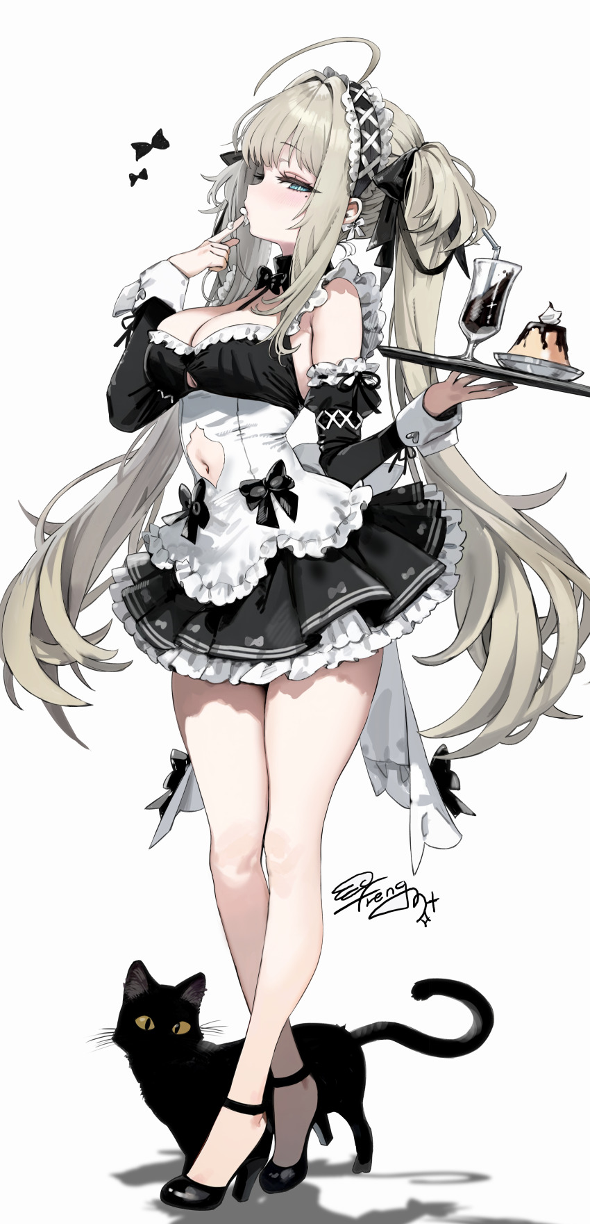 1girl absurdres ahoge apron black_cat black_dress black_skirt breasts cat cleavage cup detached_sleeves dress drinking_glass freng frilled_apron frills highres holding holding_tray maid maid_apron maid_headdress medium_breasts mole mole_under_eye original puffy_sleeves simple_background skirt tray white_apron white_background