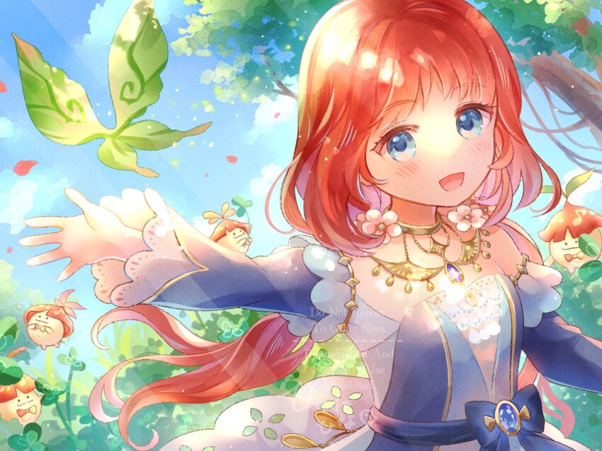 1girl :d aged_down aranara_(genshin_impact) blue_bow blue_dress blue_eyes blue_gemstone blue_sky blush bow cloud commentary_request crystalfly_(genshin_impact) day dress flower gem genshin_impact highres hina_cassiopeia long_hair long_sleeves looking_at_viewer nature nilou_(genshin_impact) open_mouth outdoors outstretched_arm red_hair sky smile solo tree very_long_hair