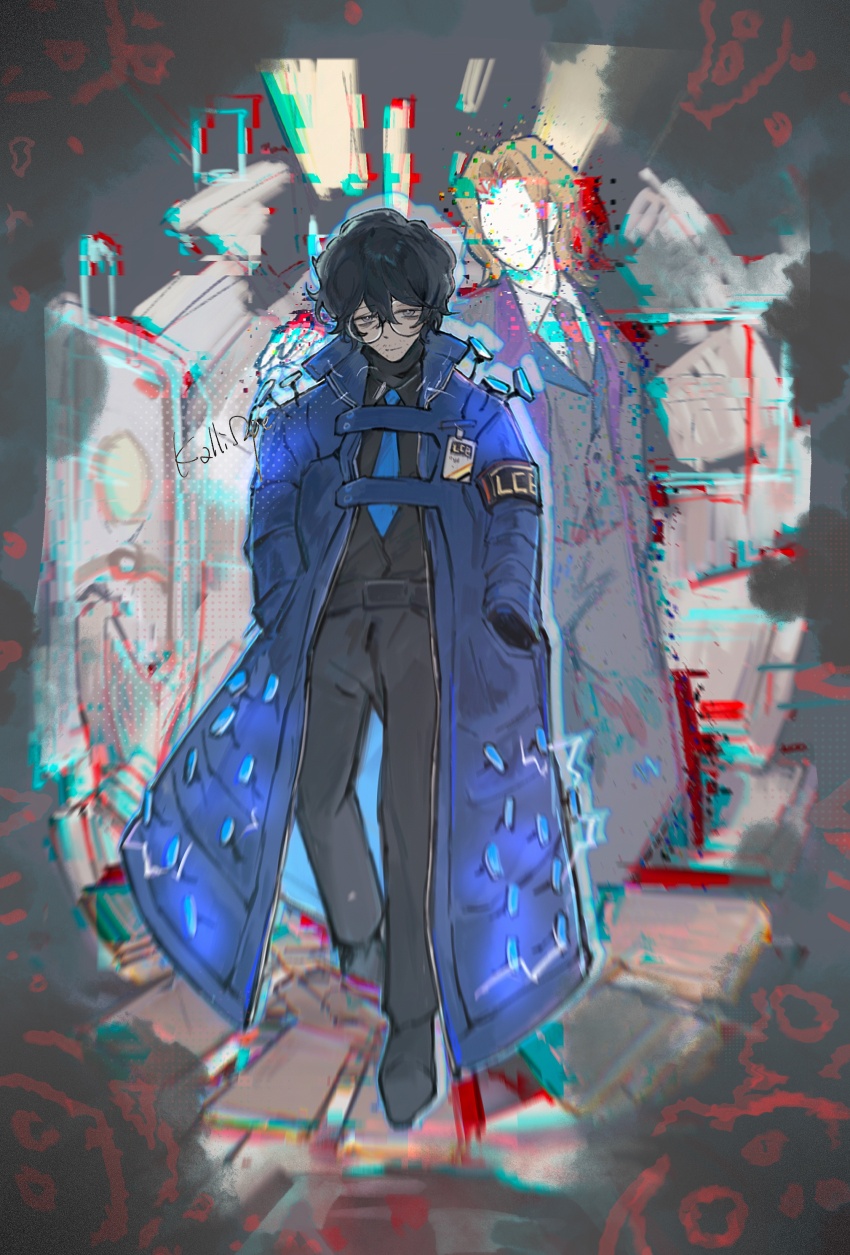 2boys absurdres aedd_(e.g.o) black_footwear black_gloves black_pants black_shirt blue_coat blue_necktie coat collared_shirt e.g.o_(project_moon) full_body glasses glitch gloves hand_on_another&#039;s_shoulder hands_in_pockets highres hohenheim_(project_moon) id_card johann_(project_moon) kalliope_orc limbus_company looking_at_viewer multiple_boys necktie pants project_moon shirt shoes