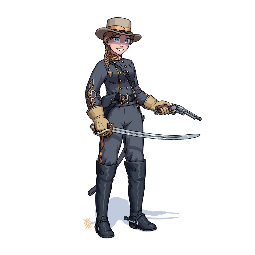 1girl absurdres american_civil_war belt black_boots blonde_hair blue_eyes blush boots braid braided_ponytail buttons cavalry_sword commentary confederate_states_of_america full_body gloves gold_trim grey_jacket grey_pants gun hair_over_shoulder handgun hat highres holding holding_gun holding_sword holding_weapon holster jacket long_hair long_sleeves looking_at_viewer military military_hat military_uniform original ostwindprojekt pants revolver saber_(weapon) scabbard shadow sheath simple_background single_braid smile solo spurs standing sword teeth unsheathed weapon weapon_request white_background yellow_gloves