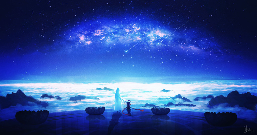 2girls absurdres cloud double_bun dress facing_away from_behind galaxy hair_bun highres huashijw landscape long_dress long_hair mountainous_horizon multiple_girls night original outdoors red_scarf reflective_floor scarf scenery shadow shooting_star signature sitting sky star_(sky) starry_sky stratosphere very_wide_shot white_dress white_hair