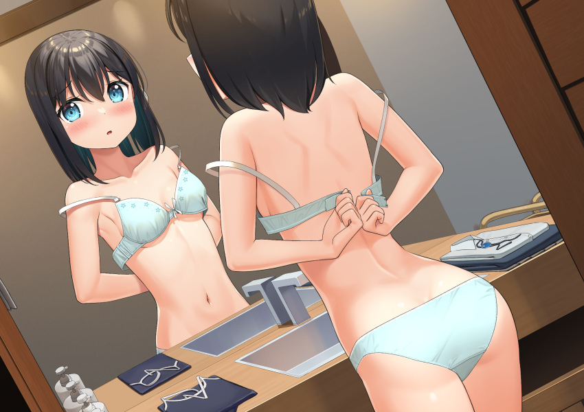 1girl :o apollo_(hu_maple) arched_back arms_behind_back ass bare_shoulders black_hair black_pants blue_eyes bottle bow bow_bra bra breasts clenched_hands collarbone collared_shirt commentary_request cowboy_shot dress_shirt dressing dutch_angle embarrassed floral_print flower_bra folded_clothes furrowed_brow green_bra green_panties hair_between_eyes highres holding holding_bra holding_underwear holding_unworn_clothes indoors looking_at_viewer medium_hair mirror multiple_views navel original panties pants parted_lips reflection shirt sink small_breasts soap_bottle solo_focus strap_slip underwear unworn_clothes unworn_pants unworn_shirt white_shirt