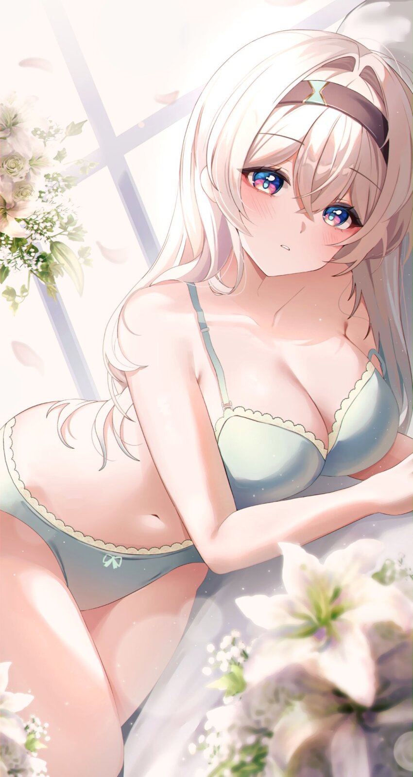 1girl alternate_costume black_hairband blue_pupils bra breasts collarbone commentary firefly_(honkai:_star_rail) flower grey_hair hair_intakes hairband highres honkai:_star_rail honkai_(series) kyoi_(kyo1koo2) multicolored_eyes navel solo symbol-only_commentary two-tone_eyes underwear white_flower