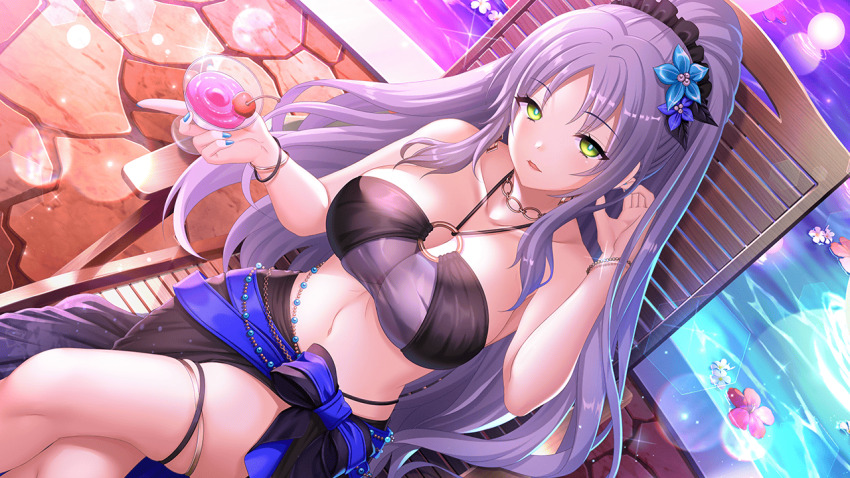 1girl bangle bare_shoulders bead_bracelet beads bikini black_bikini blue_flower blue_nails bracelet breasts chair cleavage cobblestone collarbone dana_darrell_domyoji deep_one_kyomu_to_mugen_no_fragment earrings flower from_above green_eyes hair_flower hair_ornament halterneck jewelry large_breasts long_hair looking_at_viewer lounge_chair nail_polish natsuhiko navel necklace night non-web_source o-ring o-ring_bikini o-ring_top ocean outdoors parted_bangs pink_nails ponytail pool poolside purple_bikini purple_hair purple_nails reclining ring sarong scrunchie sidelocks sitting solo sparkle strapless swimsuit thigh_strap thighlet thighs very_long_hair water yellow_eyes