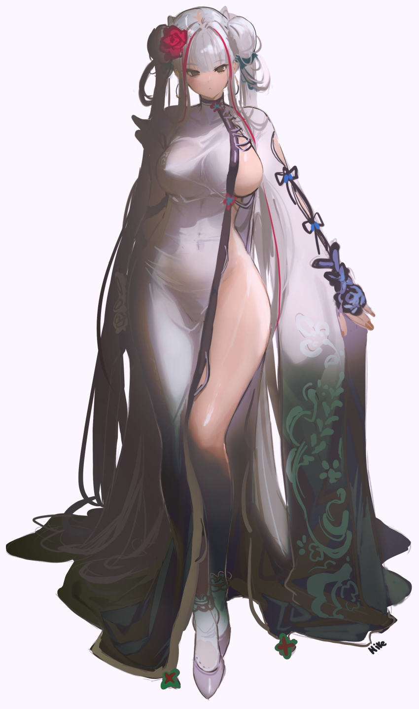 1girl absurdres arm_cutout artist_name breasts brown_eyes china_dress chinese_clothes closed_mouth commentary double_bun dress flower full_body grey_dress grey_shoes grey_socks hair_bun hair_flower hair_ornament highres large_breasts long_hair long_legs long_sleeves multicolored_hair naked_dress nike_(nike1060) no_bra no_panties original red_hair revealing_clothes shadow shoes side_slit sideboob sideless_dress sideless_outfit sidelighting simple_background single_bare_leg sketch socks standing streaked_hair two-tone_hair very_long_hair very_long_sleeves white_background