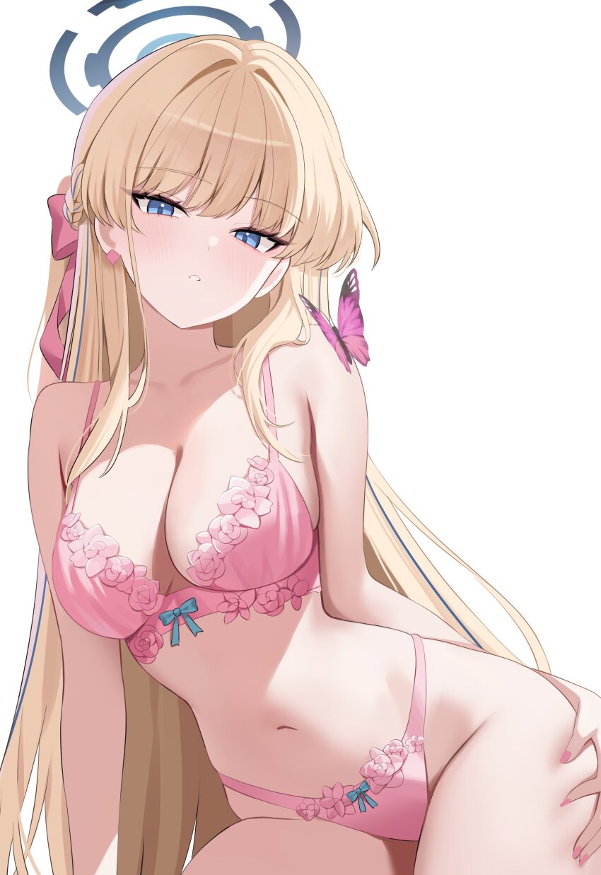 1girl absurdres blonde_hair blue_archive blue_eyes blue_halo bra breasts collarbone commentary halo highres large_breasts long_hair looking_at_viewer nannung navel panties pink_bra pink_panties simple_background solo symbol-only_commentary toki_(blue_archive) underwear underwear_only white_background