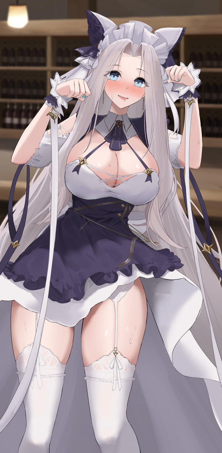 1girl @_@ absurdres animal_ears apron azur_lane bare_shoulders blue_eyes blue_nails blush breasts cat_ears cheshire_(azur_lane) cheshire_(azur_lane)_(cosplay) cleavage commentary_request commission cosplay detached_sleeves dress drooling fake_animal_ears frilled_hairband frills garter_belt hairband hands_up highres indoors large_breasts long_hair long_ribbon looking_at_viewer low_neckline maid_headdress mouth_drool neck_ribbon nose_blush open_mouth parted_bangs paw_pose pixiv_commission purple_apron purple_ribbon ribbon rk_(cc15915r) solo standing sweat thighhighs very_long_hair white_dress white_hair white_thighhighs wrist_cuffs yorktown_(azur_lane) yorktown_ii_(azur_lane)