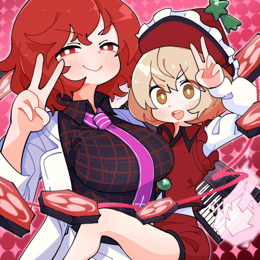 2girls black_shirt blush breasts bright_pupils brown_hair commentary drum floating_instrument frilled_hat frills gram_9 hat hat_ornament highres horikawa_raiko in-franchise_crossover instrument jacket keyboard_(instrument) large_breasts looking_at_viewer lyrica_prismriver mitsudomoe_(shape) multiple_girls necktie pants pink_necktie plaid_clothes plaid_shirt red_background red_eyes red_hair red_hat red_shorts red_vest shirt short_hair shorts smile sparkle_background star_(symbol) star_hat_ornament taiko_drum teeth tomoe_(symbol) touhou upper_teeth_only v v-shaped_eyebrows vest white_jacket white_pants white_pupils white_shirt