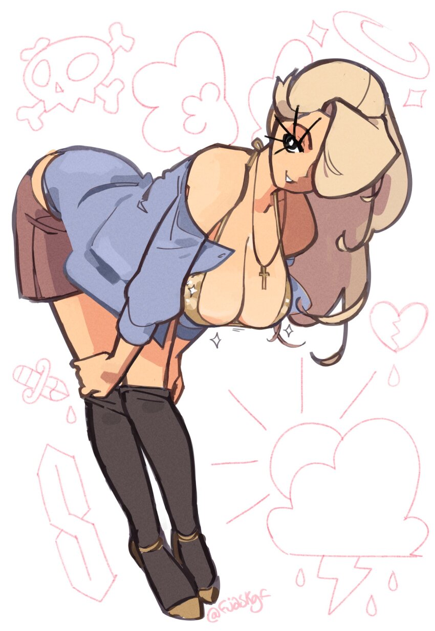 1girl artist_name bent_over bikini black_thighhighs blonde_hair breasts cleavage collared_shirt cool_s cross cross_necklace fjaskgf full_body gold_bikini hair_over_one_eye hanging_breasts highres jewelry large_breasts leaning_forward long_hair looking_at_viewer necklace open_clothes open_shirt original rose_(fjaskgf) shirt skirt solo swimsuit thighhighs thighhighs_pull