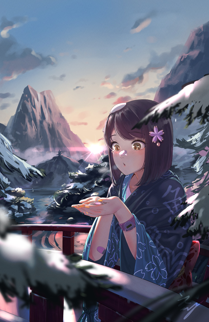 1girl absurdres bandaid bandaid_on_arm blurry blurry_foreground brown_hair cherry_blossoms cupping_hands day echo!_(tilapiawest) fir_tree highres holding japanese_clothes kimono medium_hair mountain nail_polish open_mouth original outdoors own_hands_together pine_tree snow snow_on_face snow_on_head snow_on_tree solo sun sunrise tree watch water wristwatch yellow_eyes