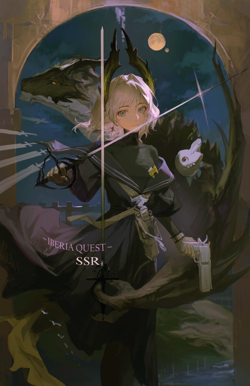 1girl absurdres arknights black_dress blue_eyes closed_mouth cross cross_earrings dress earrings gloves gun hair_intakes handgun head_wings highres holding holding_gun holding_sword holding_weapon irene_(arknights) irene_(the_adjudicatrix_and_her_resolve)_(arknights) jewelry long_sleeves looking_at_viewer medium_hair rapier revolver scar scar_across_eye scar_on_face shirt solo sword toxyzz turtleneck turtleneck_shirt weapon white_hair wings