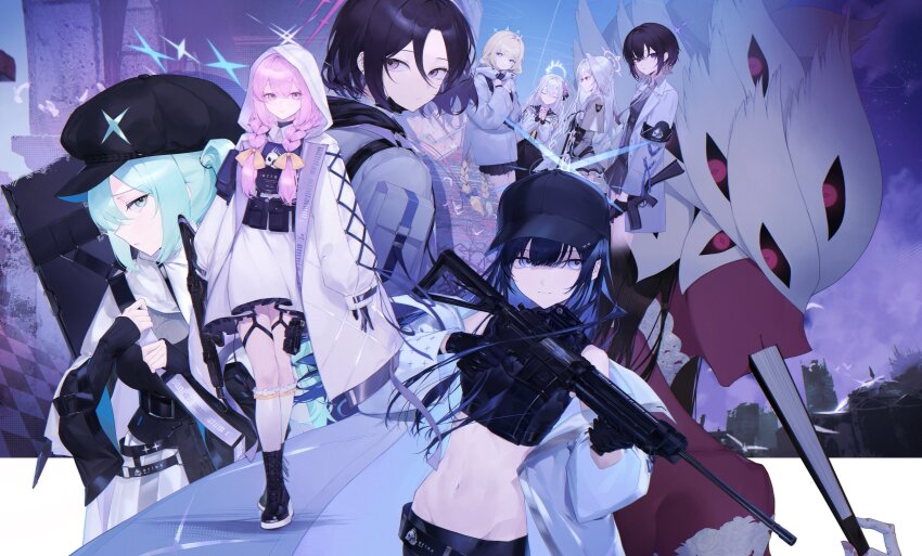 14yuruis 6+girls absurdres arius_squad_(blue_archive) armband atsuko_(blue_archive) azusa_(blue_archive) beatrice_(blue_archive) belt blue_archive blue_eyes blue_hair brown_hair colored_skin gun halo hat highres hiyori_(blue_archive) hood hoodie maia_(blue_archive) misaki_(blue_archive) multiple_girls multiple_wings navel pink_eyes pink_hair red_skin saori_(blue_archive) seraph subaru_(blue_archive) suzumi_(blue_archive) weapon wings