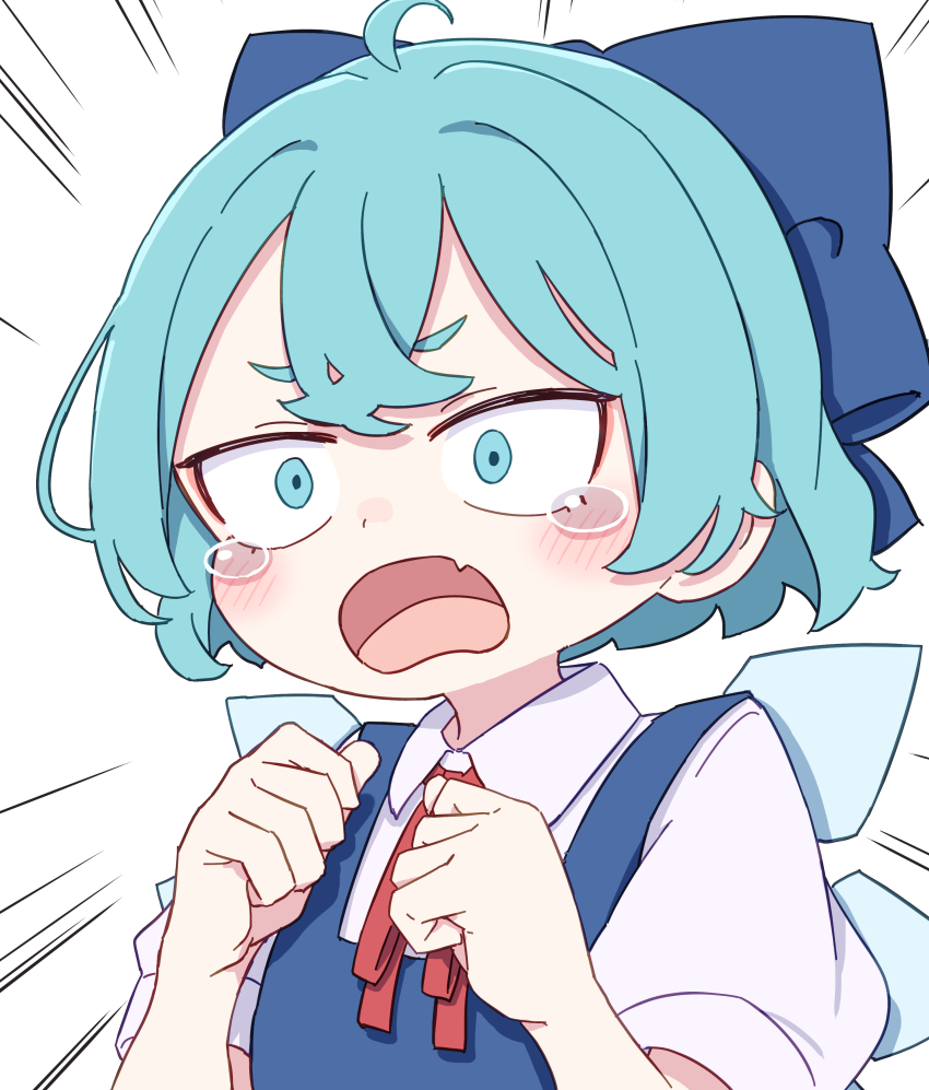 1girl absurdres ahoge blue_bow blue_dress blue_eyes blue_hair bow cirno collared_shirt commentary_request dress emphasis_lines fang hair_bow hands_up highres ice ice_wings kame_(kamepan44231) neck_ribbon pinafore_dress red_ribbon ribbon shirt short_hair short_sleeves simple_background skin_fang sleeveless sleeveless_dress solo tears touhou upper_body white_background white_shirt wide-eyed wings