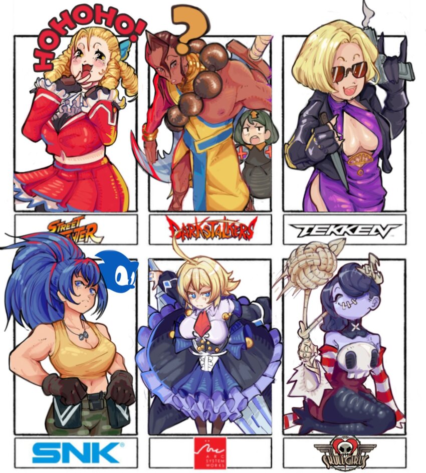 1boy 6+girls blazblue crossover delilah_(guilty_gear) donovan_baine es_(xblaze) goose_llow guilty_gear guilty_gear_strive highres kanzuki_karin leona_heidern leviathan_(skullgirls) multiple_girls nina_williams skullgirls sonic_(series) sonic_the_hedgehog squigly_(skullgirls) street_fighter tagme tekken tekken_8 the_king_of_fighters darkstalkers